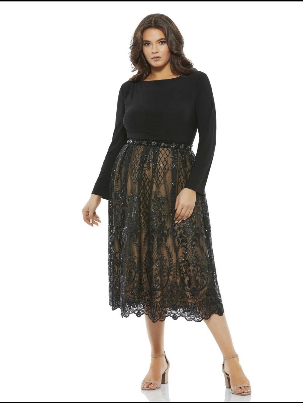 Mac Duggal Black Lace-Trim Long Sleeve Evening Dress, Size 14W - NWT